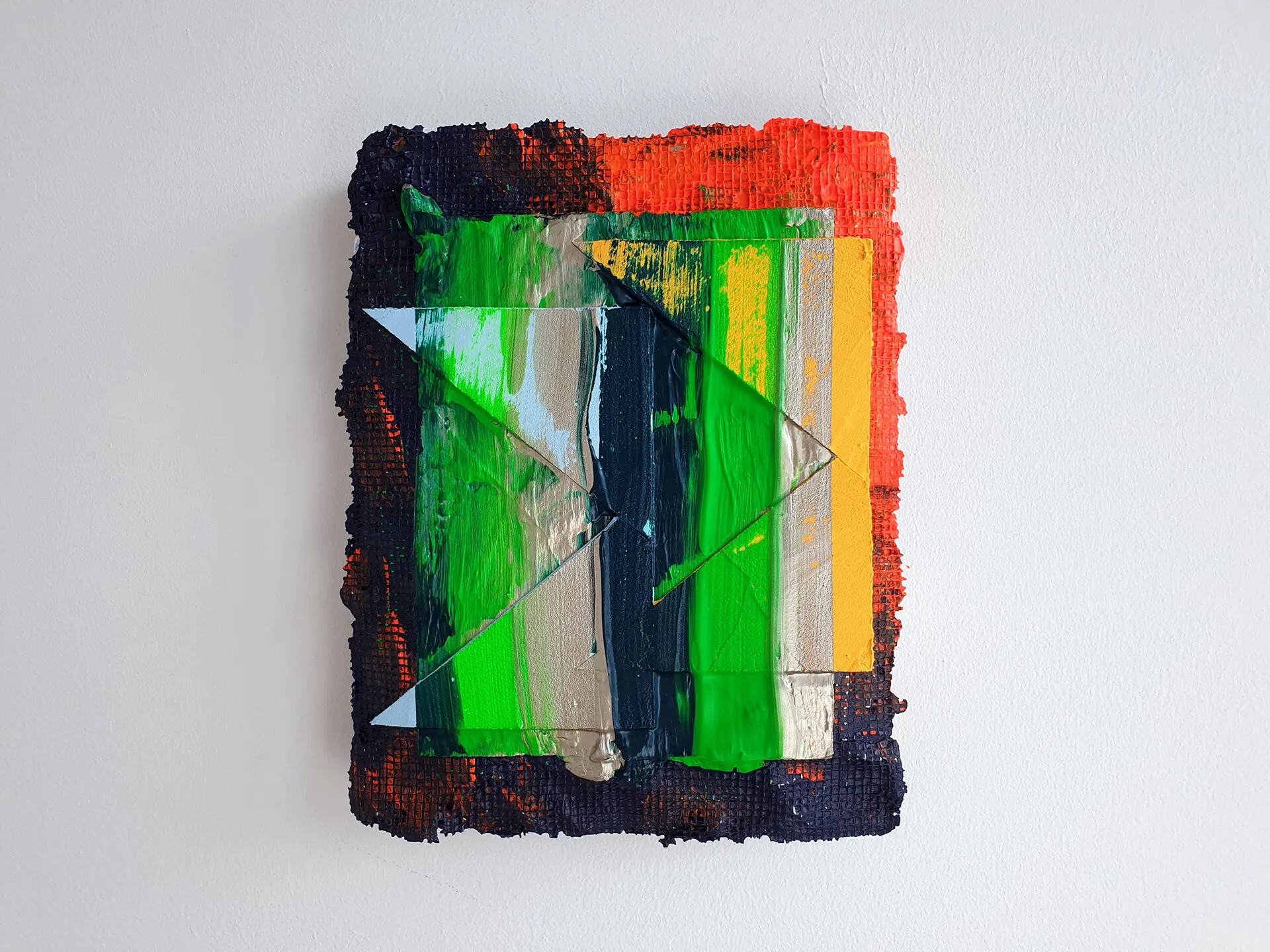 Buren, acrylic, collage and filler on panel