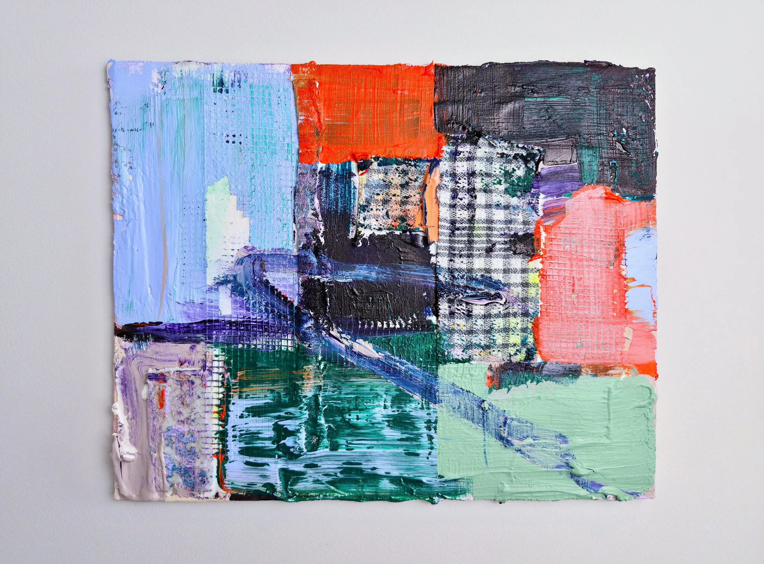 Crosscurrent, acrylic, modelling paste, found fabrics and mixed media on panel