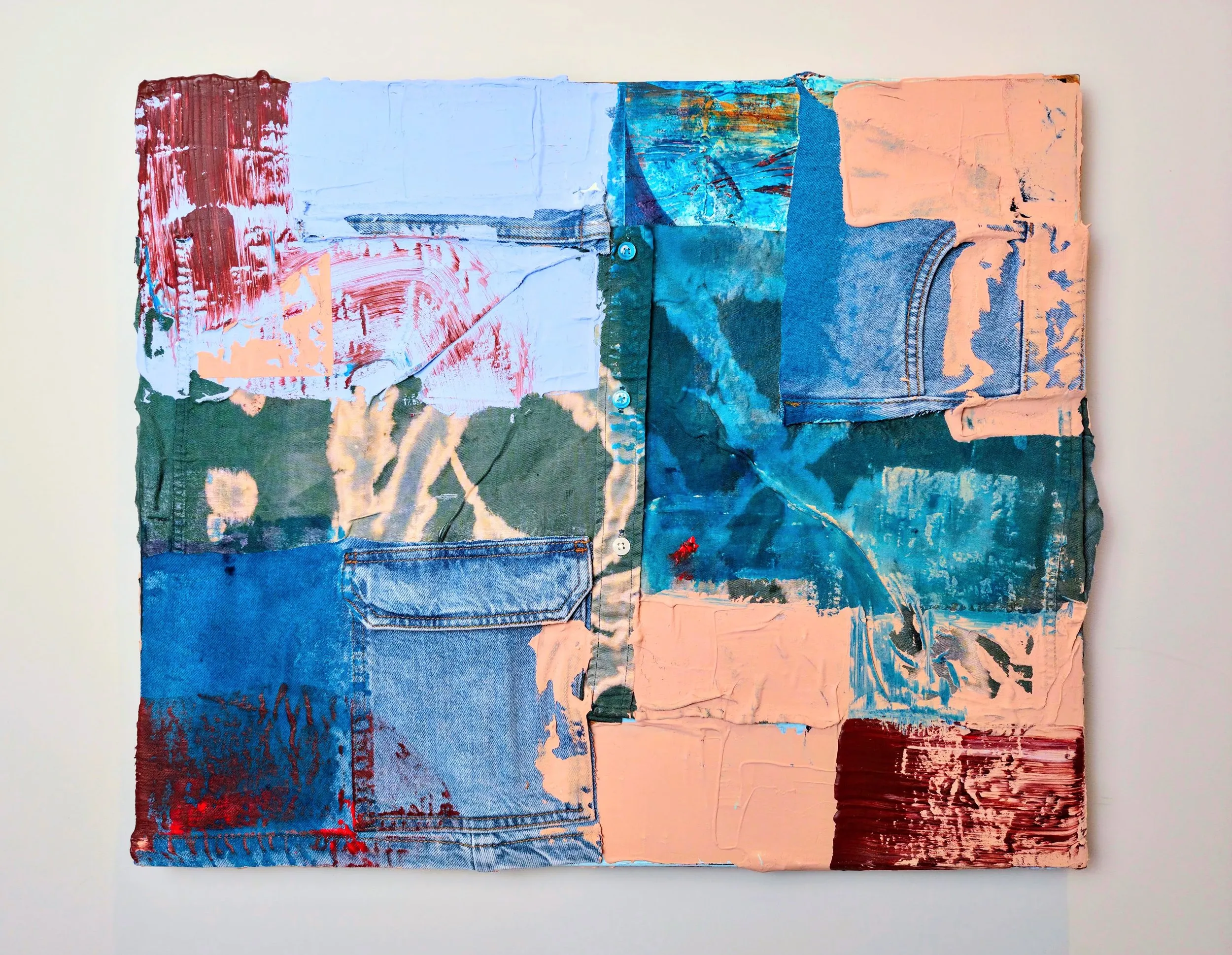 Dirty Denim, acrylic, bleach, modelling paste, reclaimed denim and found fabrics on canvas stretcher
