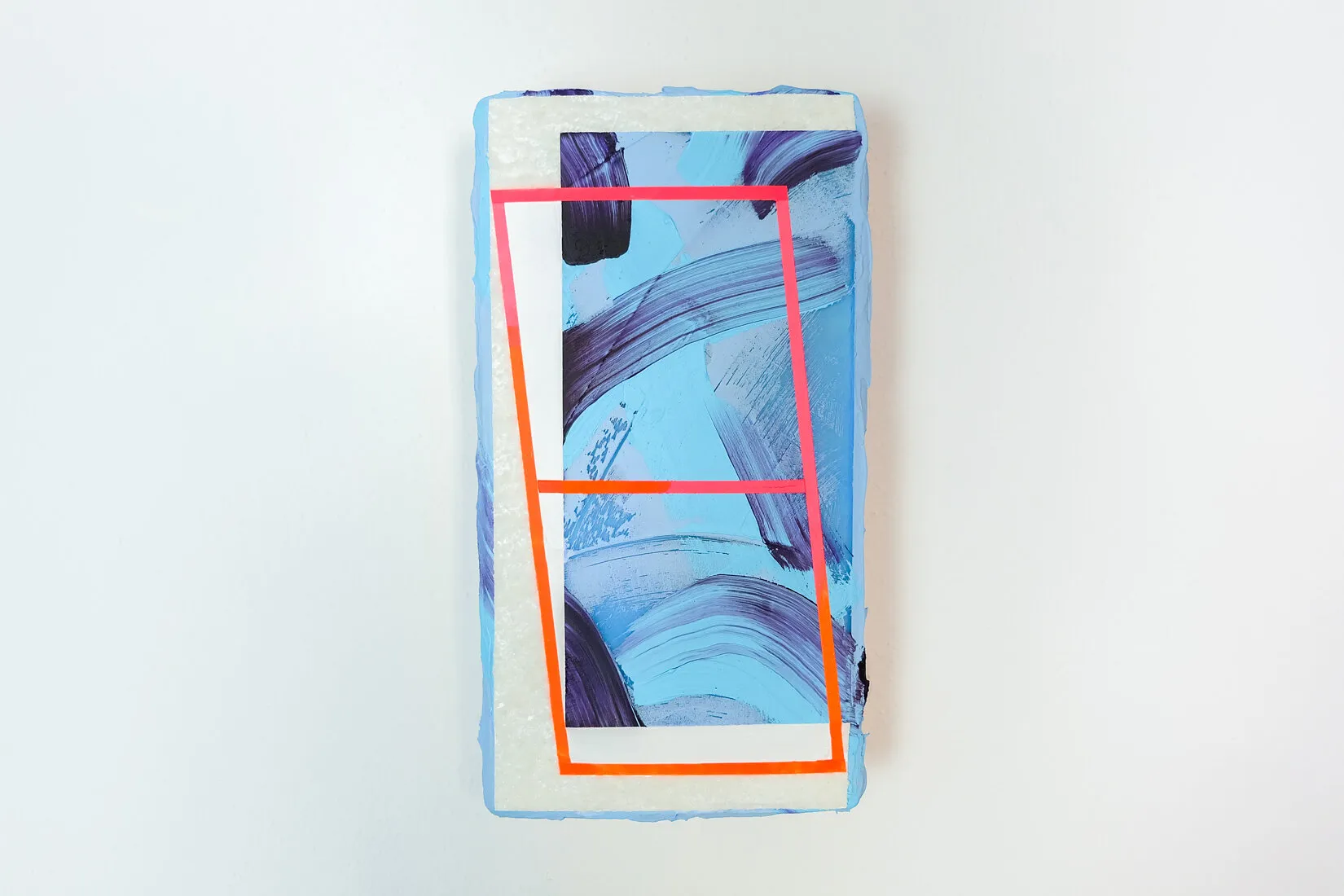 Fenster, acrylic, collage, perspex, filler and white sand on found wood