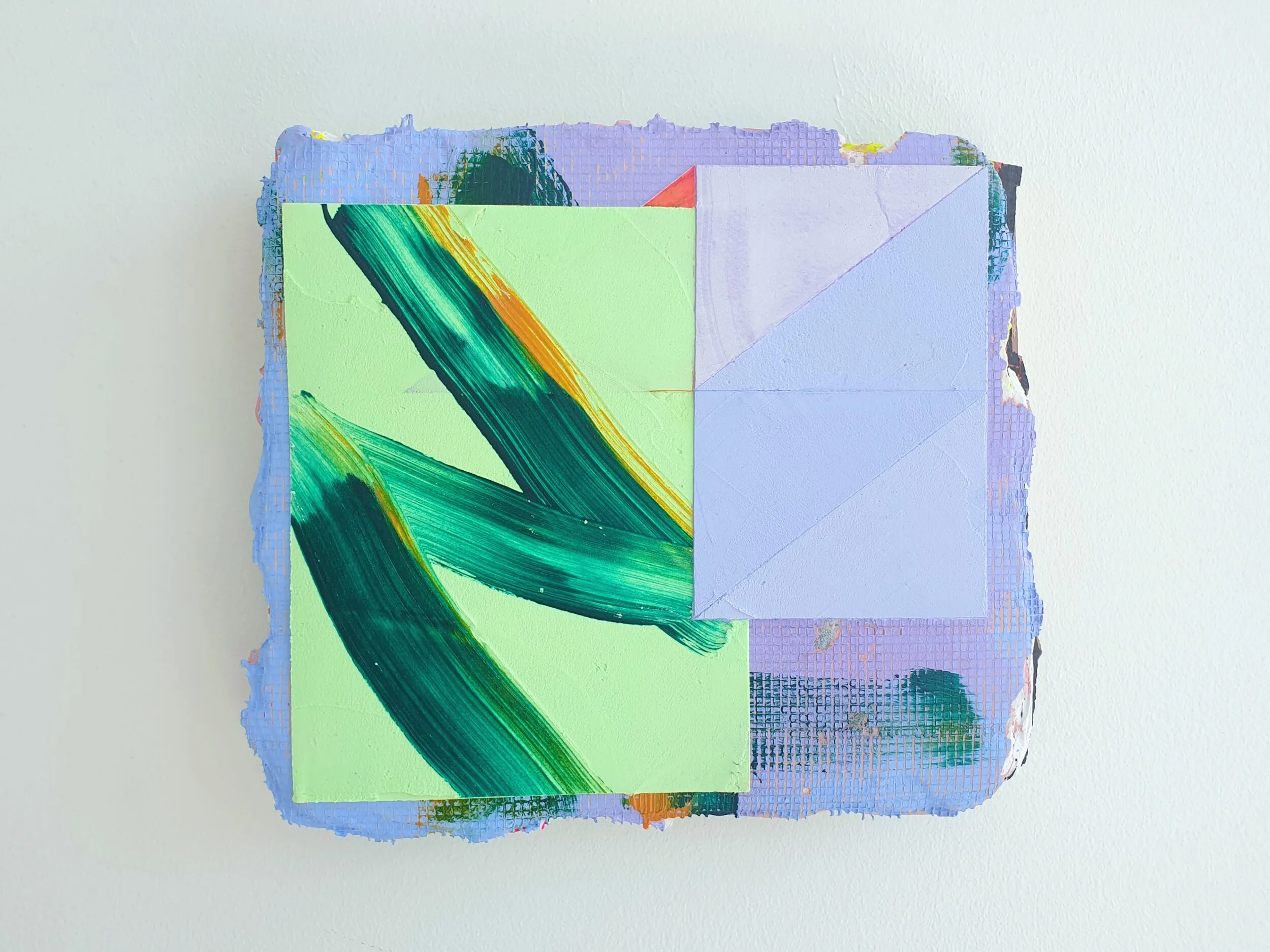 Garden, acrylic, emulsion, filler and collage on found wood