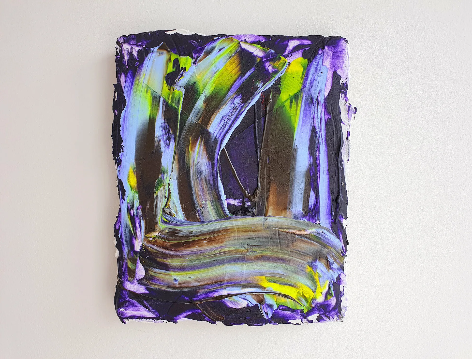Hex, acrylic, emulsion, collage and filler on plywood