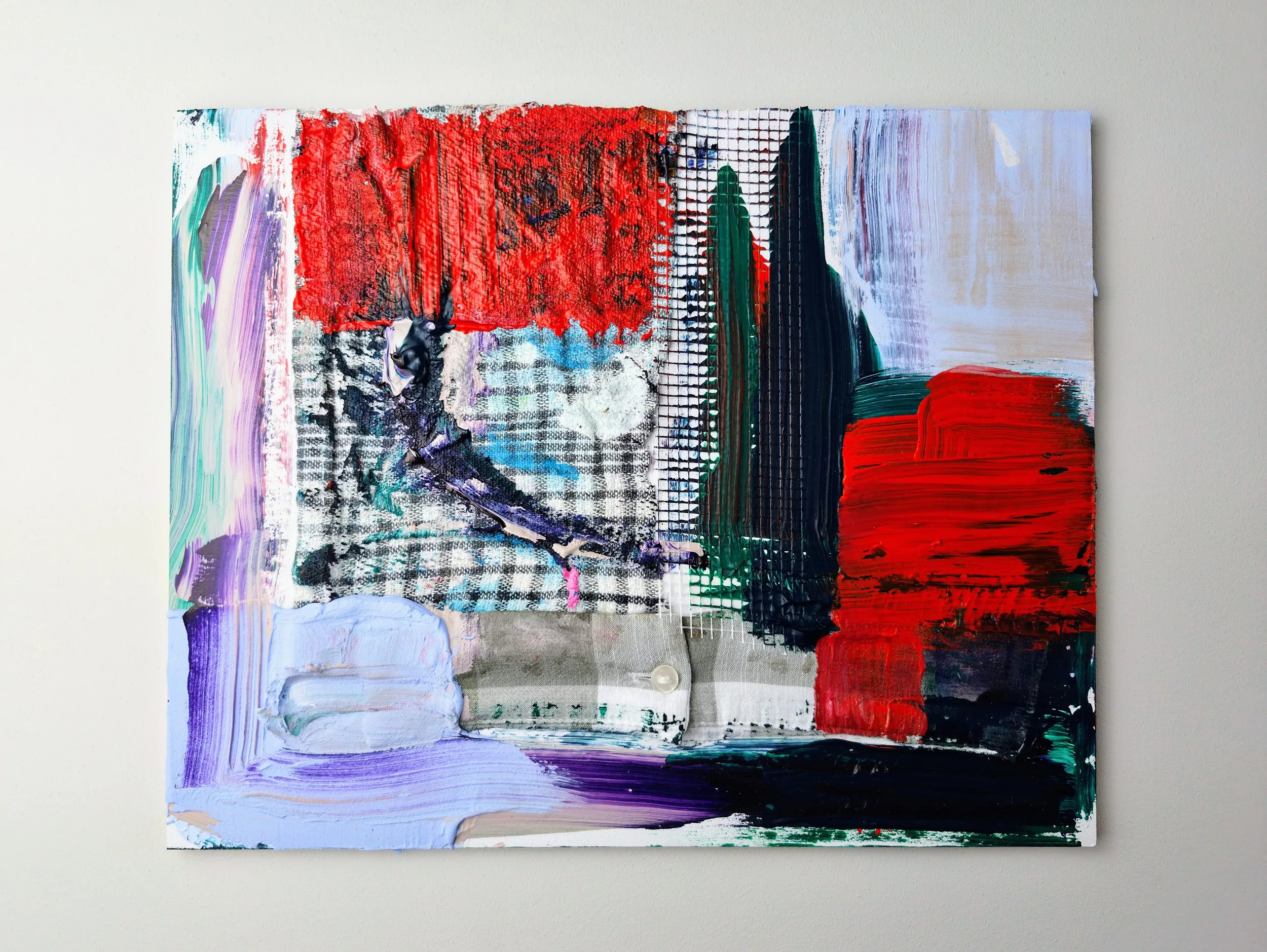 Intersection, acrylic, modelling paste, found fabrics and mixed media on panel