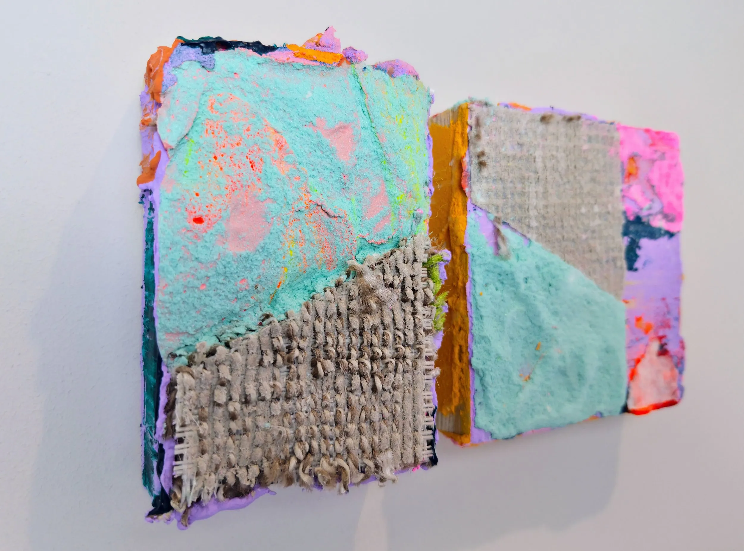 Inverted Painting, acrylic, modelling paste, found fabrics and carpet on panel