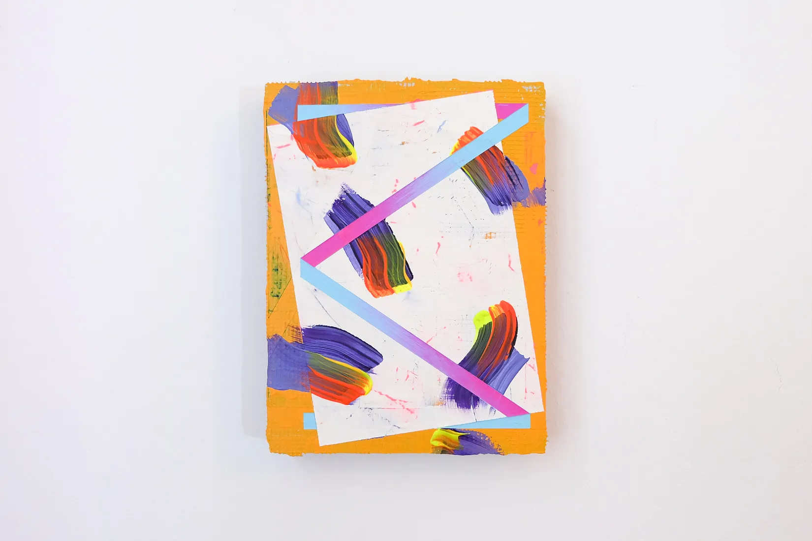 M, acrylic, filler and collage on panel
