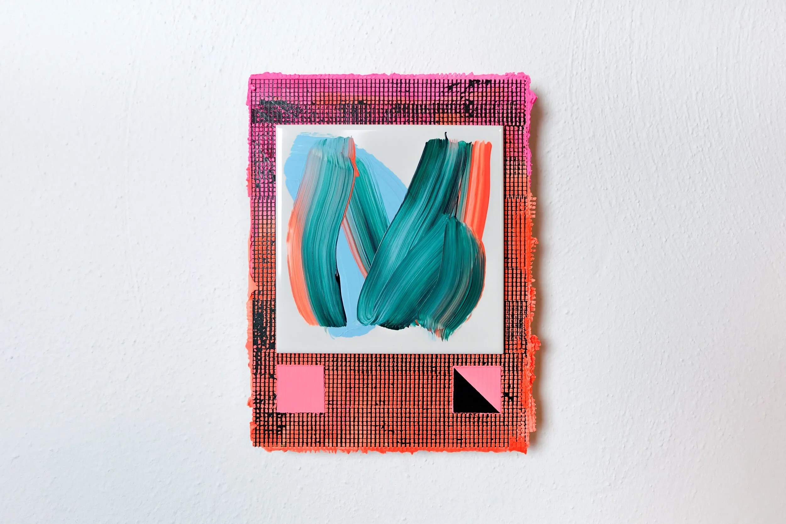 Podest II, acrylic, collage, filler and tile on panel