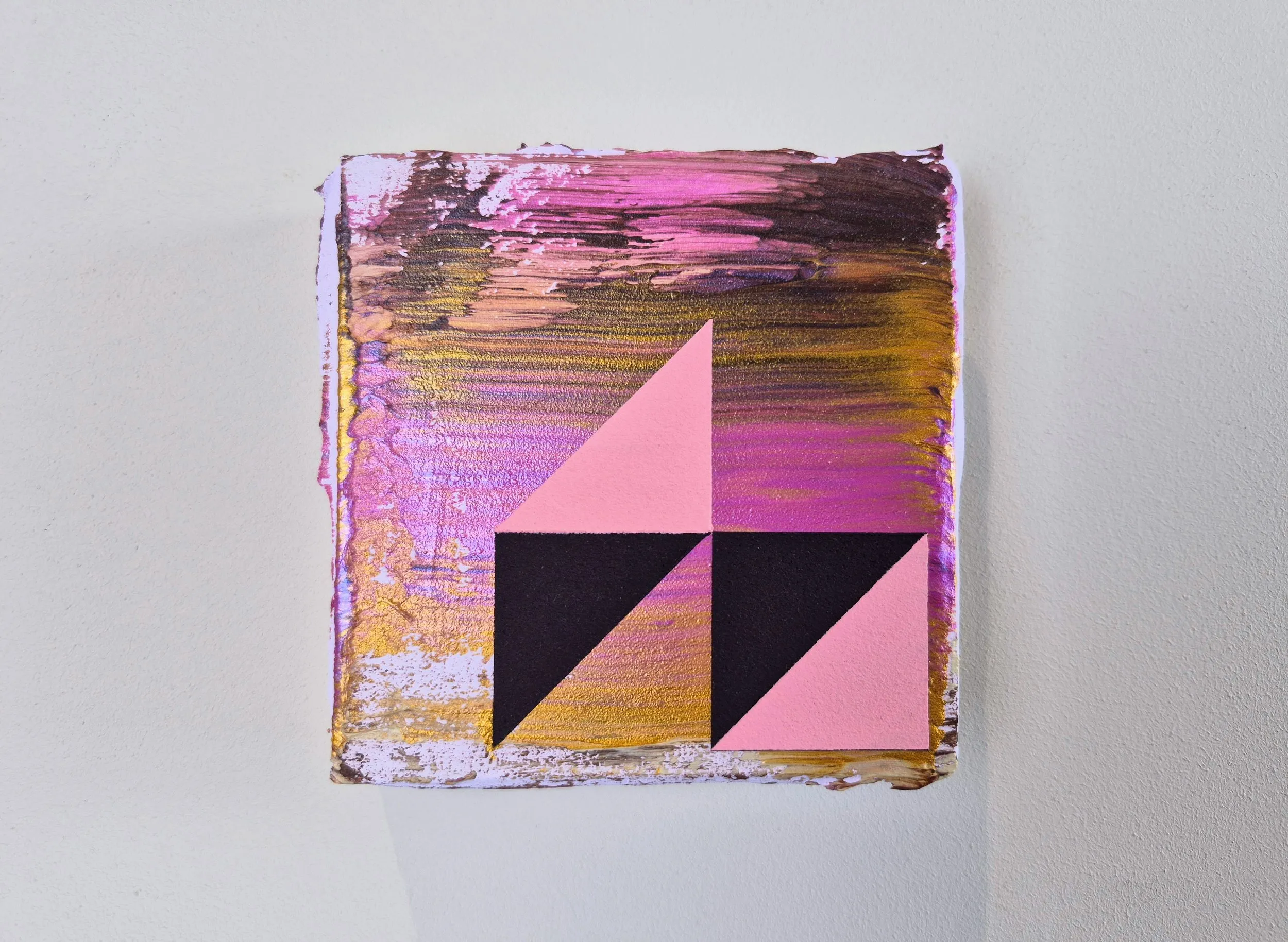 Sunset, acrylic, collage and filler on repurposed wooden coaster